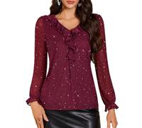 DRESSTELLS Sparkly Tops for Women, Bell Sleeve Sequin Ruffle Blouse V Neck, 2025 Casual Going Out Formal Evening Party Shirts Burgundy S