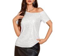 DRESSTELLS Sparkly Tops for Women, Off Shoulder Cocktail Casual Party Elegant Evening Concert Sequin Disco Holiday Club Glitter Blouses Silver S
