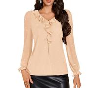 DRESSTELLS Sparkly Womens Tops Dressy Casual, Long Sleeve Sequin Ruffle Blouse V Neck, Mesh Double Layers Tunic for Cocktail Night Out Evening Party, Champagne M