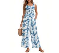 DRESSTELLS Summer Co Ord Sets For Women Boho Casual Beach Vacation Outfits 2 Piece Set Blue Trousers And Top With Pocket Blue White Flower L