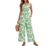 DRESSTELLS Summer Co Ord Sets For Women Boho Casual Beach Vacation Outfits 2 Piece Set Trousers And Top With Pocket Green Blue Flower Xl