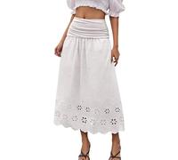 DRESSTELLS White Women's Skirts Summer Casual Basic Lightweight Elasticated High Waist A-Line Eyelet Maxi Skirt for Women White L