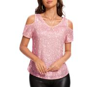 DRESSTELLS Women's 2025 Pink Sequin Wedding Tops, V Neck Sparkly Glitter Shimmer Party Blouse for Taylor Swift Concert Evening Fall Homecoming Outfits Pink M