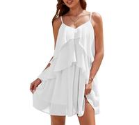 DRESSTELLS Women's Cocktail Dresses, 2025 White Summer Graduation Party Beach Wedding Guest Church Ruffle Tiered Chiffon Aline Mini Dress White XL
