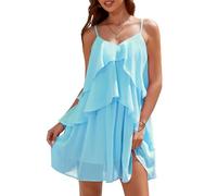 DRESSTELLS Women's Cocktail Mini Dress for Summer Wedding Guest, Blue Aline Graduation Party Beach Vacation Casual Ruffle Tiered Short Dresses Blue L