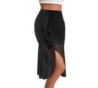 DRESSTELLS Women's Ruffle Skirt Fall 2025, Stretchy Ruched Casual Bodycon Work Flowy Y2k Party Witchy Mesh Skirts Black XL