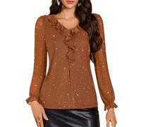DRESSTELLS Women's Ruffle Tunic for Women, Sparkly Tops V Neck Long Sleeve Double Layers Mesh Blouse for Night Out Casual Evening Party, Caramel M