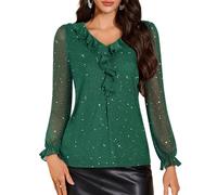 DRESSTELLS Womens Sequin Tops Long Sleeve, Ruffle Bell Sleeve V Neck Tunic Blouse, Mesh Double Layers Shirt for Formal Cocktail Party Evening, DarkGreen M