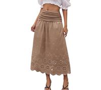 DRESSTELLS Women's Skirts Summer Casual Basic Lightweight Elasticated High Waist A-Line Eyelet Maxi Skirt for Women Khaki XL