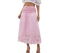 DRESSTELLS Women's Skirts Summer Casual Basic Lightweight Elasticated High Waist A-Line Eyelet Skirt for Women UK Pink XL