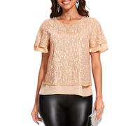 DRESSTELLS Women's Sparkly Sequin Tops, Glitter Ruffle Cocktail Party Top for Girl, 2025 Casual Wedding Guest Plus Size Evening Party Shirts Champagne 2XL
