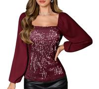 DRESSTELLS Womens Sparkly Sequin Tops, Long Sleeve Rhinestone Shirt, 2025 Fall Formal Cocktail Evening Party Disco Concert Vegas Outfits Burgundy S