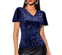 DRESSTELLS Women's Sparkly Sequin Tops, V Neck Ruffle Sleeve Velvet Glitter Rhinestone Blouse for Concert Evening Party Club Disco Vegas Outfits Blusas Elegantes para Mujer para Fiestas, Navy S