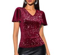 DRESSTELLS Womens Sparkly Sequin Tops, Velvet Ruffle Sleeve V Neck Rhinestone Blouse, 2025 Fall Evening Party Disco Concert Vegas Outfits Sparke Shirts Burgundy S