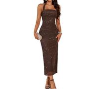 DRESSTELLS Women's Sparkly Wedding Guest Dresses, Spring Sequin Halter Formal Cocktail Prom Evening Party Beach Elegant Bodycon Glitter Ruched Dress 2026 Brown L
