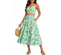 DRESSTELLS Women's Summer Boho 2-Piece Set Floral Casual Holiday Beach Vacation Wedding Guest Maxi Ruffle A-line Flowy Petite Dress Green Blue Flower L