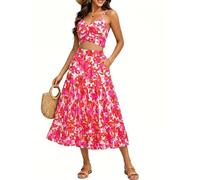 DRESSTELLS Women's Summer Boho 2-Piece Set Floral Casual Holiday Beach Vacation Wedding Guest Maxi Ruffle A-line Flowy Petite Dress Red Pink Flower S