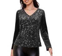 DRESSTELLS Women's V Neck Velvet Party Tops Long Sleeve Sparkly Sequin Formal Fall Winter Blouses, Dressy Tops for Evening Party Black Full XL