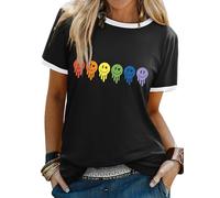 Dresswel Pride Shirts for Women Rainbow Flag Colorful Smile Face Graphic Print Short Sleeve T Shirt LGBT LGBT-Q Gay Pride Month Tee Tops