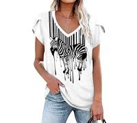 Dresswel Summer T Shirts for Women V Neck Petal Short Sleeve Tee Tops Zebra Graphic Print Tshirts Casual Loose Blouse White