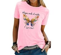 Dresswel T Shirts for Women Whisper Words of Wisdom T-Shirt Butterfly Graphic Print Tee Round Neck Short Sleeve Tops Pink