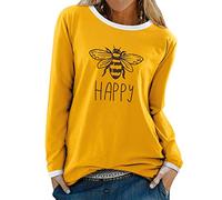 Dresswel Women Bee Happy Jumper Round Neck Long Sleeve Tops Bee Graphic T Shirt Pullover Blouse