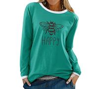 Dresswel Women Bee Happy Jumper Round Neck Long Sleeve Tops Bee Graphic T Shirt Pullover Blouse Green