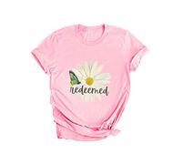Dresswel Women Christian Redeemed Scripture Inspirational T-Shirt Daisy Graphic Tees Short Sleeve Summer Tops Pink