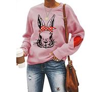 Dresswel Women Cute Rabbit Print Sweatshirt Heart Patchwork Pullover Crew Neck Long Sleeve Tops Jumpers Pink