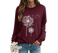 Dresswel Women Dandelion Print Sweatshirt Crew Neck Long Sleeve Tops Basic Jumper Tunic Blouse Shirts(Wine Red, M)