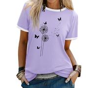 Dresswel Women Dandelion T-Shirt Crew Neck Short Sleeve Summer Tee Shirts | Casual Floral Graphic Print Basic Tshirts Tops, Butterfly, Birds, Hearts
