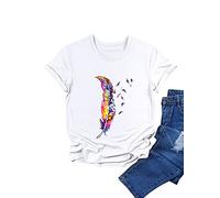 Dresswel Women Feather Pigeon Butterfly Graphic Tee Shirt Crew Neck Short Sleeve T-Shirt Summer Tops