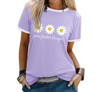 Dresswel Women Grow Positive Thoughts T-Shirt Daisy Flower Love Hearts Graphic Print Tshirts Crew Neck Short Sleeve Tee Tops