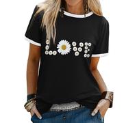 Dresswel Women Love T Shirt Daisy Flower Graphic Print Tee Shirts Crew Neck Short Sleeve Summer Tops Black