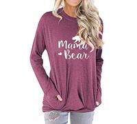 Dresswel Women Mama Bear Sweatshirt Pullover Crew Neck Long Sleeve Tops Jumpers Blouse with Pockets Purple