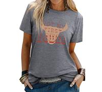 Dresswel Women Not My First Rodeo Distressed Funny T-Shirt Vintage Western Cowgirl Bull Print Crew Neck Tshirts Summer Tops Dark Gray