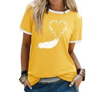 Dresswel Women Peace Dove Feather Graphic Print T-Shirt Crew Neck Short Sleeve Tee Shirts Summer Tops