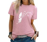 Dresswel Women Peace Dove Feather Graphic Print T-Shirt Crew Neck Short Sleeve Tee Shirts Summer Tops(1-Brick Red,L)