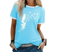 Dresswel Women Peace Dove Feather Graphic Print T-Shirt Crew Neck Short Sleeve Tee Shirts Summer Tops