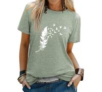 Dresswel Women Peace Dove Feather Graphic Print T-Shirt Crew Neck Short Sleeve Tee Shirts Summer Tops(1-Olive Green,L)