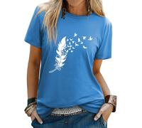 Dresswel Women Peace Dove Feather Graphic Print T-Shirt Crew Neck Short Sleeve Tee Shirts Summer Tops(1-Lake Blue,M)