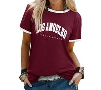 Dresswel Women Retro Los Angeles California T-Shirt Vintage Graphic T Shirts for Women UK Crewneck Short Sleeve Summer Tee Tops for Ladies(Wine Red, M)
