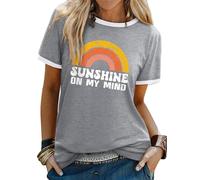 Dresswel Women Sunshine On My Mind T-Shirt Vintage Rainbow Graphic Print Short Sleeve Crew Neck Tee Shirts Ladies Summer Tops