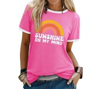 Dresswel Women Sunshine On My Mind T-Shirt Vintage Rainbow Graphic Print Short Sleeve Crew Neck Tee Shirts Ladies Summer Tops