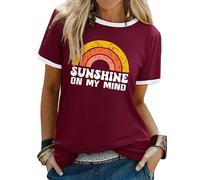 Dresswel Women Sunshine On My Mind T-Shirt Vintage Rainbow Graphic Print Short Sleeve Crew Neck Tee Shirts Ladies Summer Tops