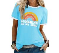 Dresswel Women Sunshine On My Mind T-Shirt Vintage Rainbow Graphic Print Short Sleeve Crew Neck Tee Shirts Ladies Summer Tops
