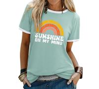 Dresswel Women Sunshine On My Mind T-Shirt Vintage Rainbow Graphic Print Short Sleeve Crew Neck Tee Shirts Ladies Summer Tops
