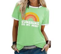 Dresswel Women Sunshine On My Mind T-Shirt Vintage Rainbow Graphic Print Short Sleeve Crew Neck Tee Shirts Ladies Summer Tops