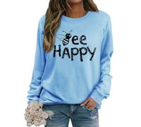 Dresswel Women Sweatshirts Cute Bee Happy Graphic Print Crewneck Long Sleeve Tops Ladies Jumpers Basic Cotton Pullover