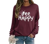 Dresswel Women Sweatshirts Cute Bee Happy Graphic Print Crewneck Long Sleeve Tops Ladies Jumpers Basic Cotton Pullover